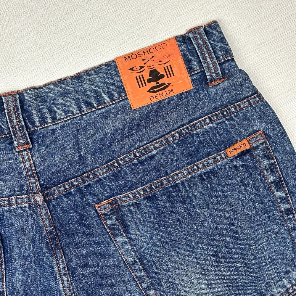 Moshood Denim Wide Leg Embroidered Jeans Raw Edge Cuff Men 39x29 Med Wash - Picture 7 of 13